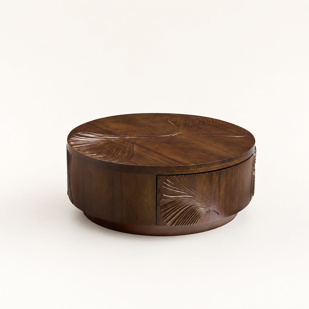 Carved Ginkgo Leaf Round Walnut Coffee Table