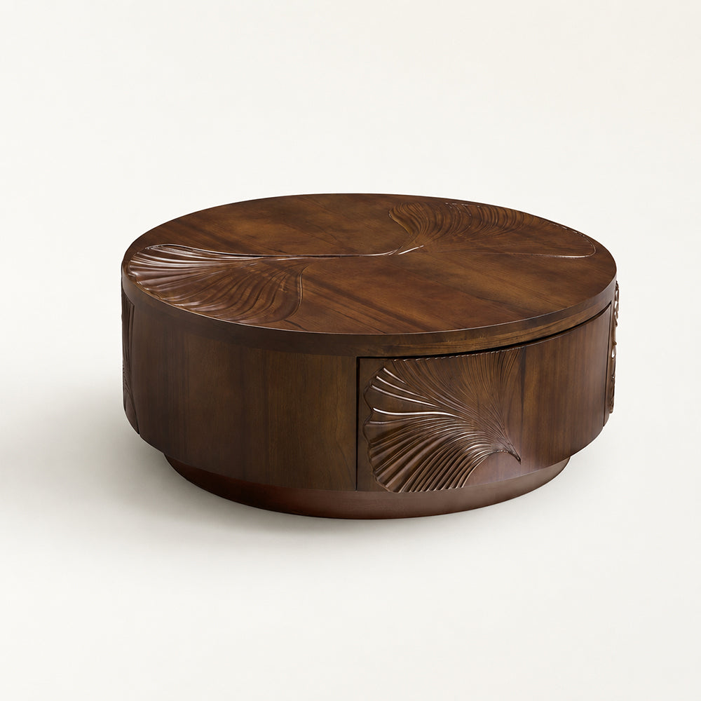 Carved Ginkgo Leaf Round Walnut Coffee Table