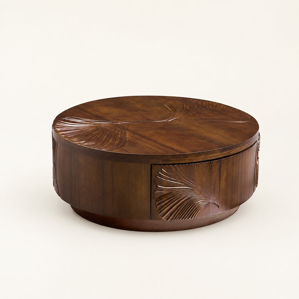 Carved Ginkgo Leaf Round Walnut Coffee Table