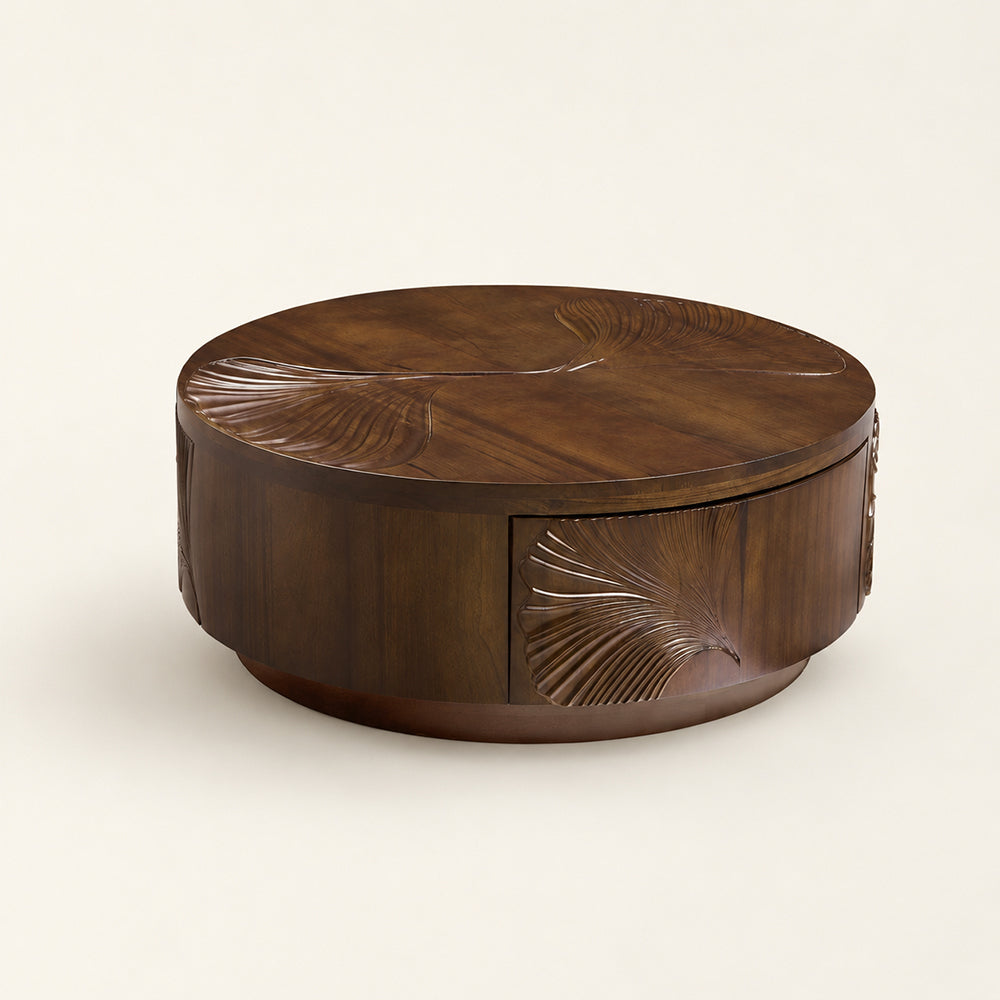 Carved Ginkgo Leaf Round Walnut Coffee Table