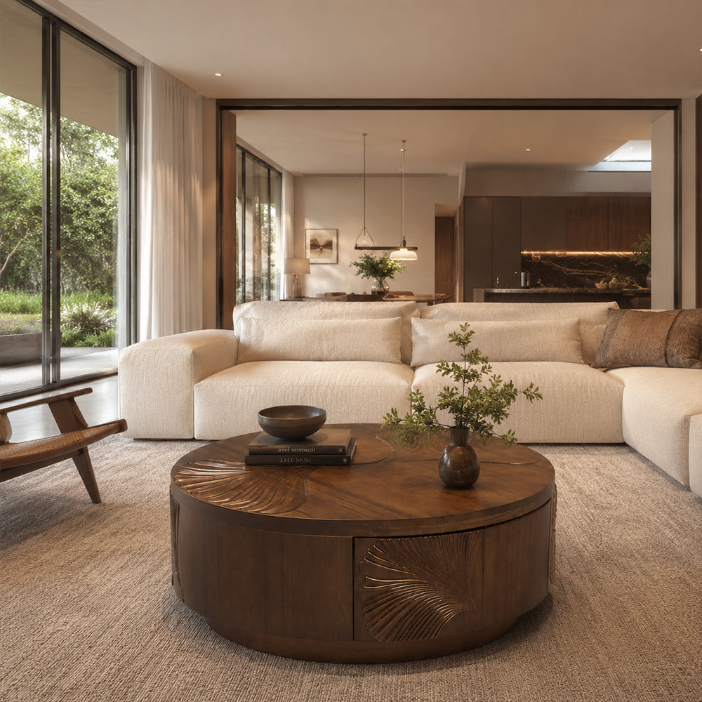 Carved Ginkgo Leaf Round Walnut Coffee Table