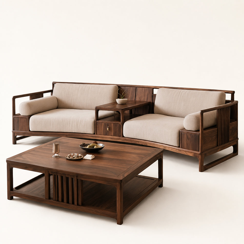 Curved Walnut & Beige Linen Modular Sofa