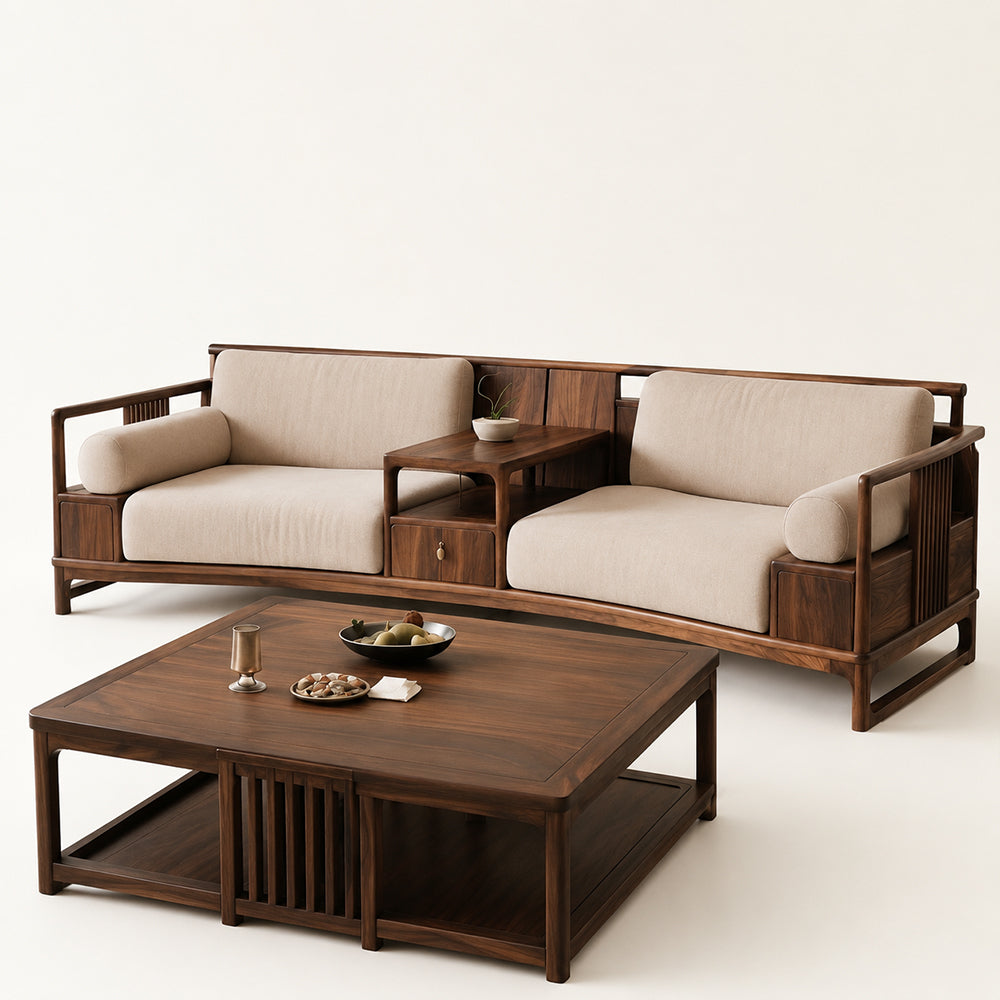 Curved Walnut & Beige Linen Modular Sofa