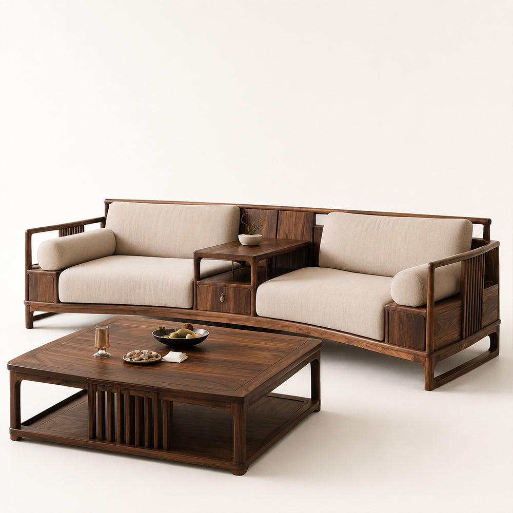 Curved Walnut & Beige Linen Modular Sofa