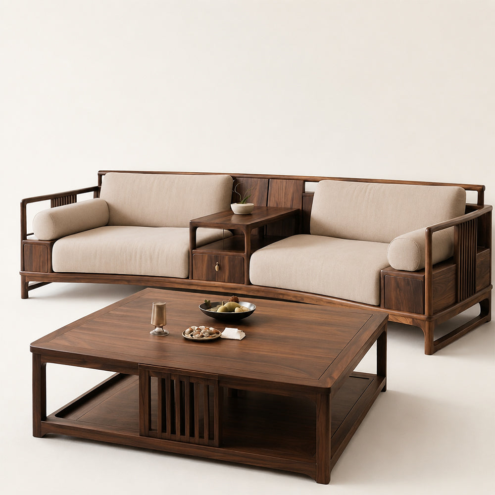 Curved Walnut & Beige Linen Modular Sofa