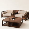 Curved Walnut & Beige Linen Modular Sofa