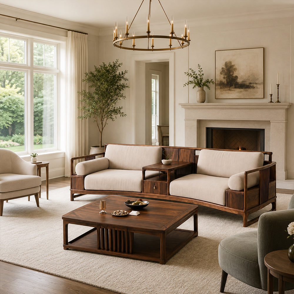 Curved Walnut & Beige Linen Modular Sofa