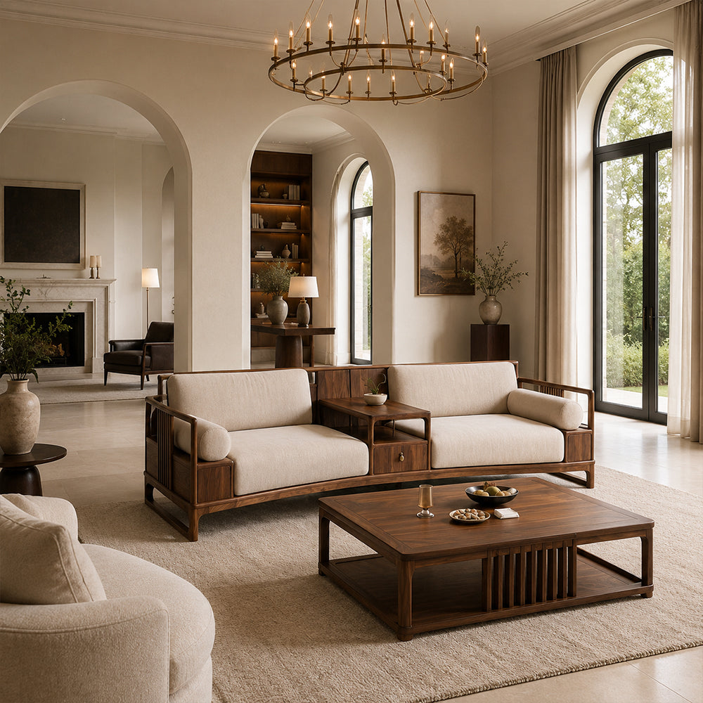 Curved Walnut & Beige Linen Modular Sofa