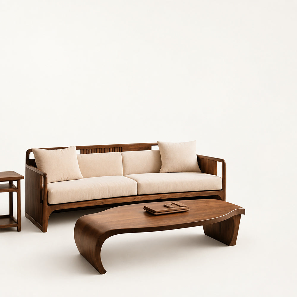 Organic Modern Walnut & Beige Linen Sofa