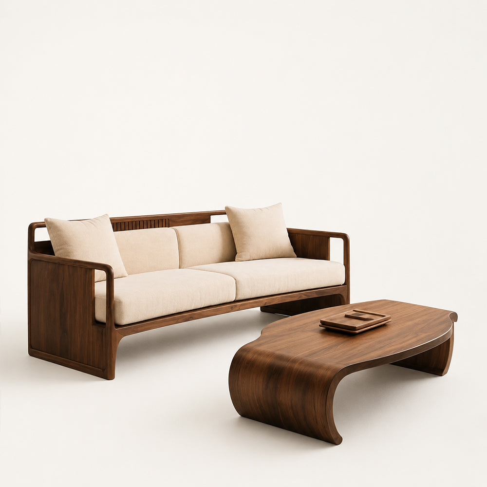 Organic Modern Walnut & Beige Linen Sofa