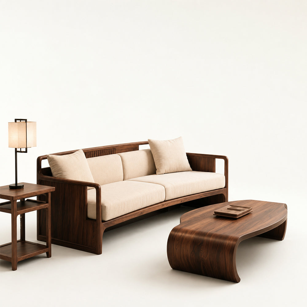 Organic Modern Walnut & Beige Linen Sofa