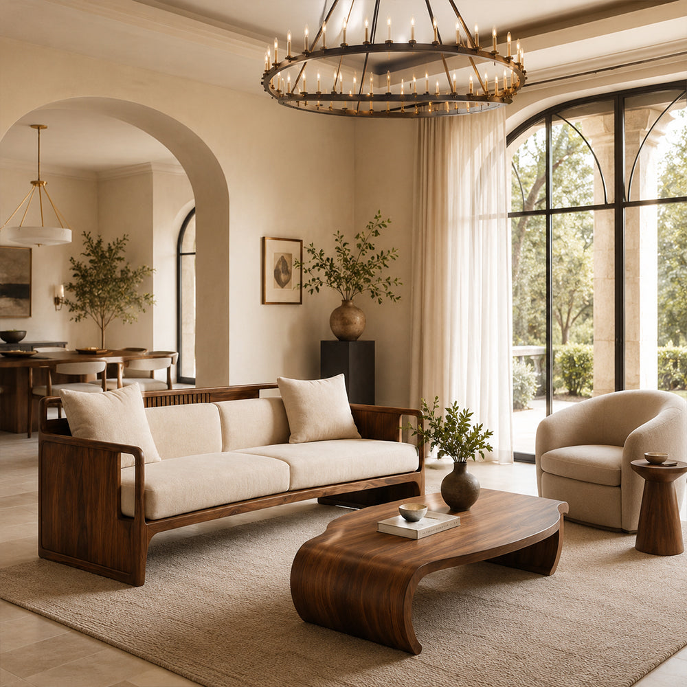 Organic Modern Walnut & Beige Linen Sofa