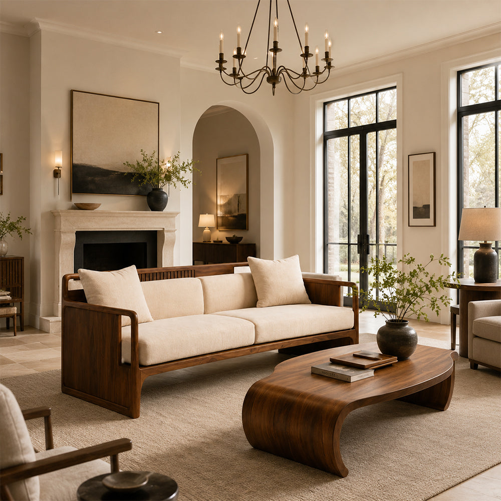Organic Modern Walnut & Beige Linen Sofa