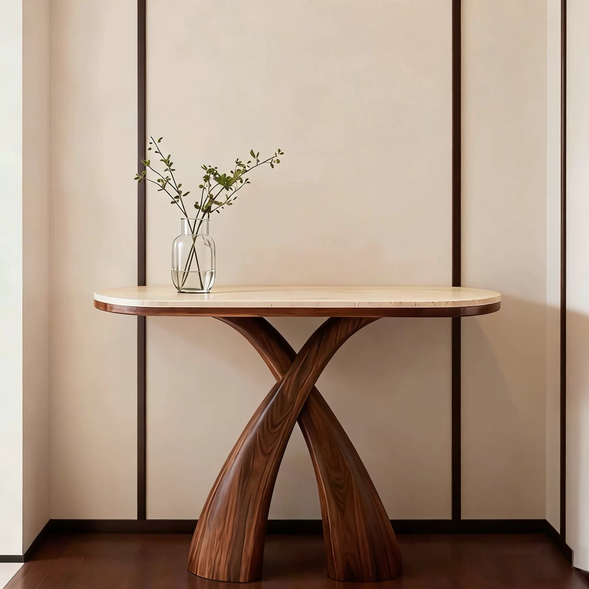 Sculptural Walnut & Travertine Console Table