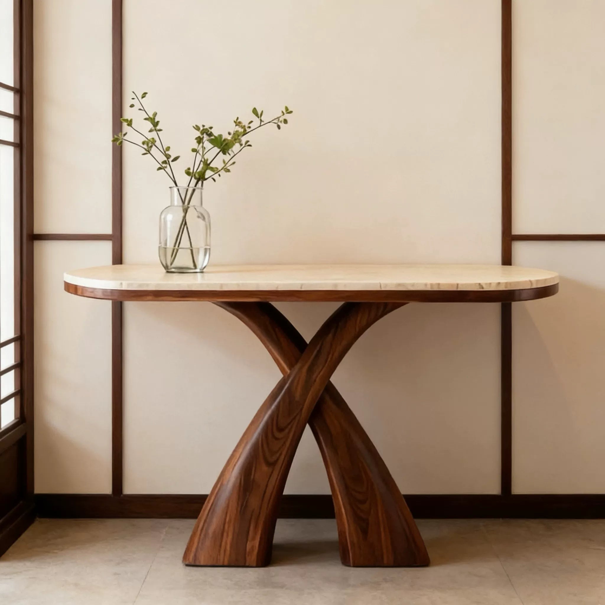 Sculptural Walnut & Travertine Console Table