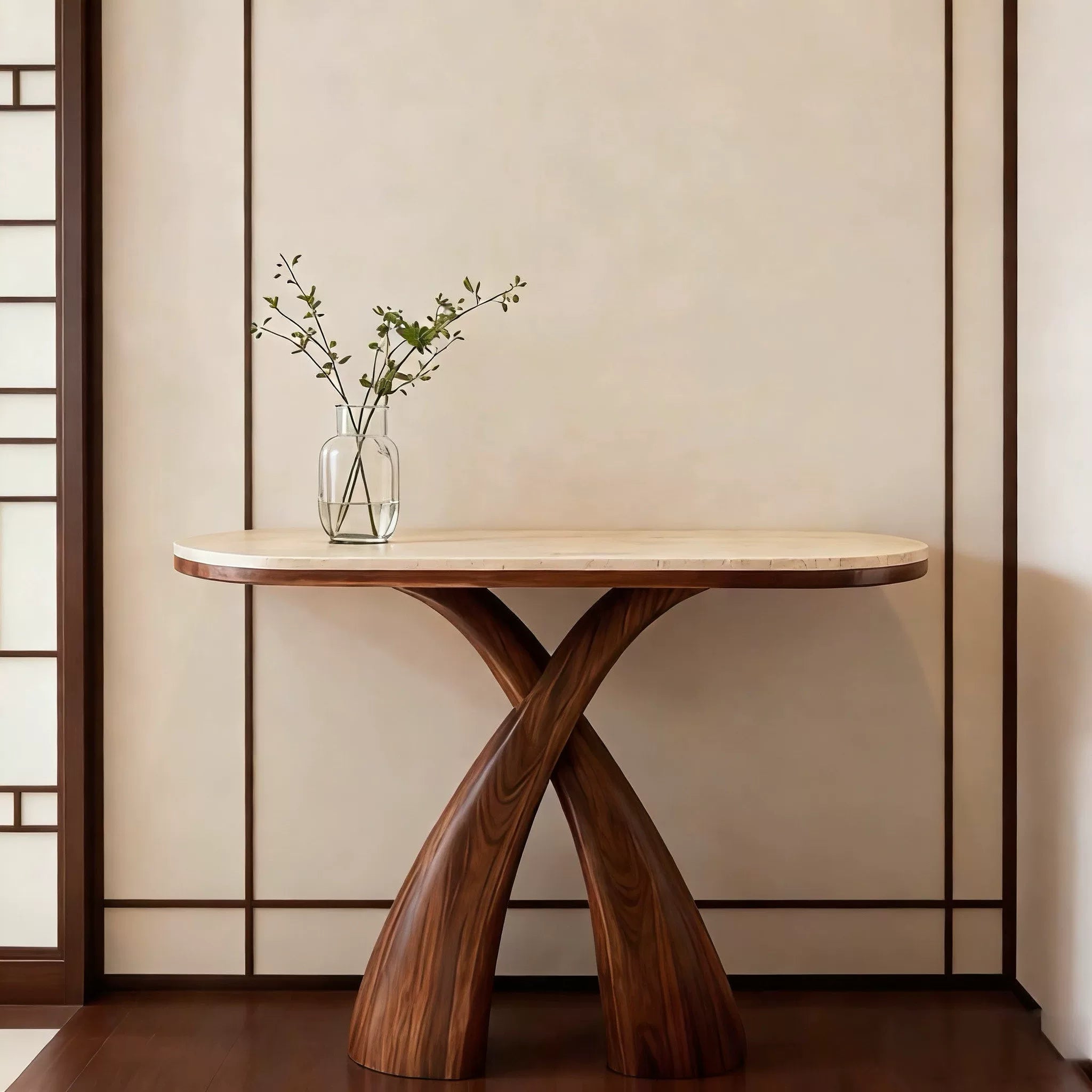 Sculptural Walnut & Travertine Console Table