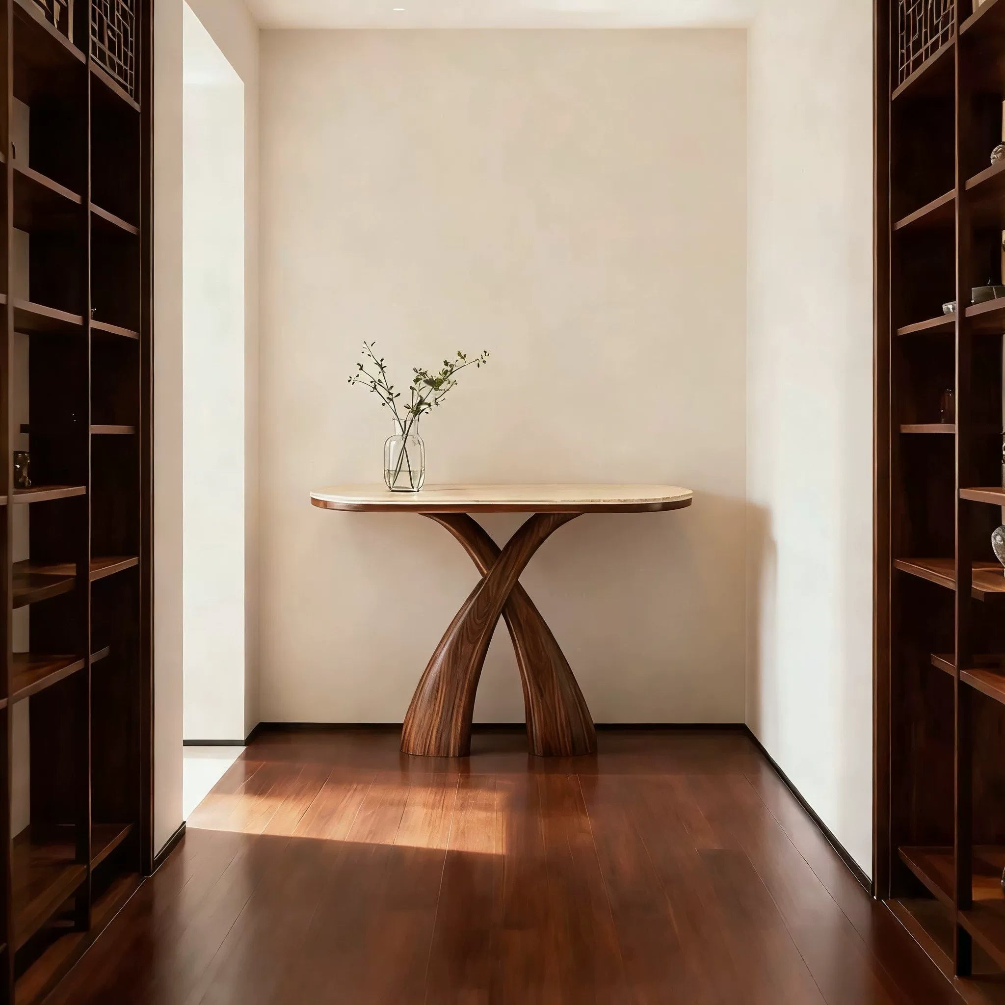 Sculptural Walnut & Travertine Console Table