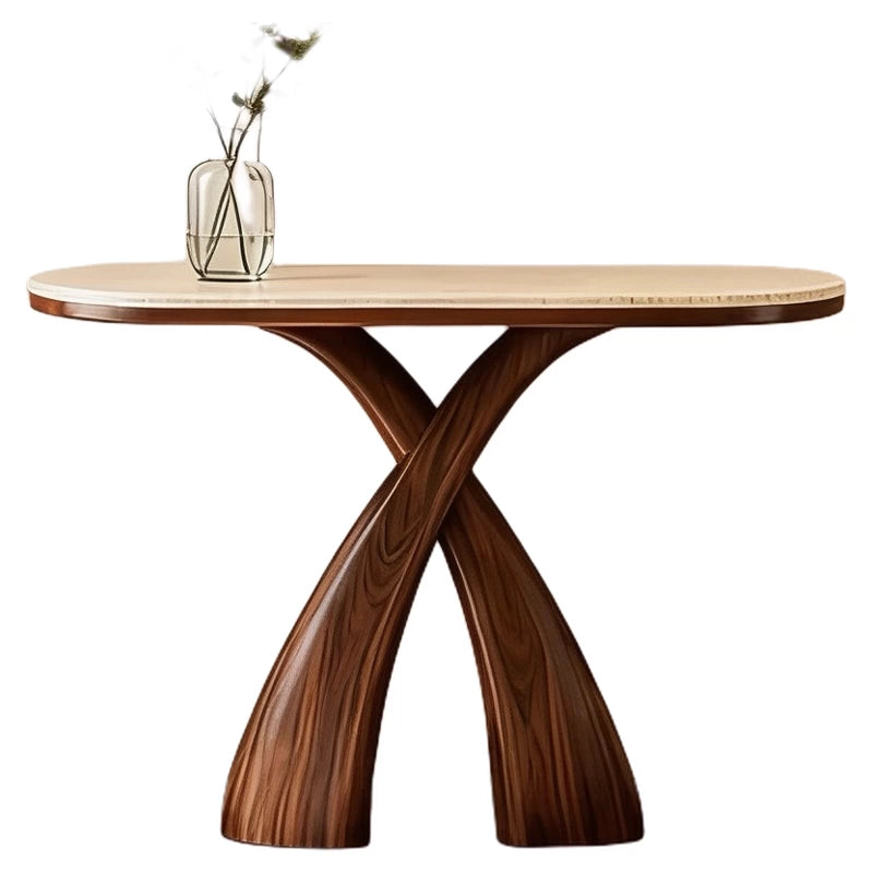 Sculptural Walnut & Travertine Console Table