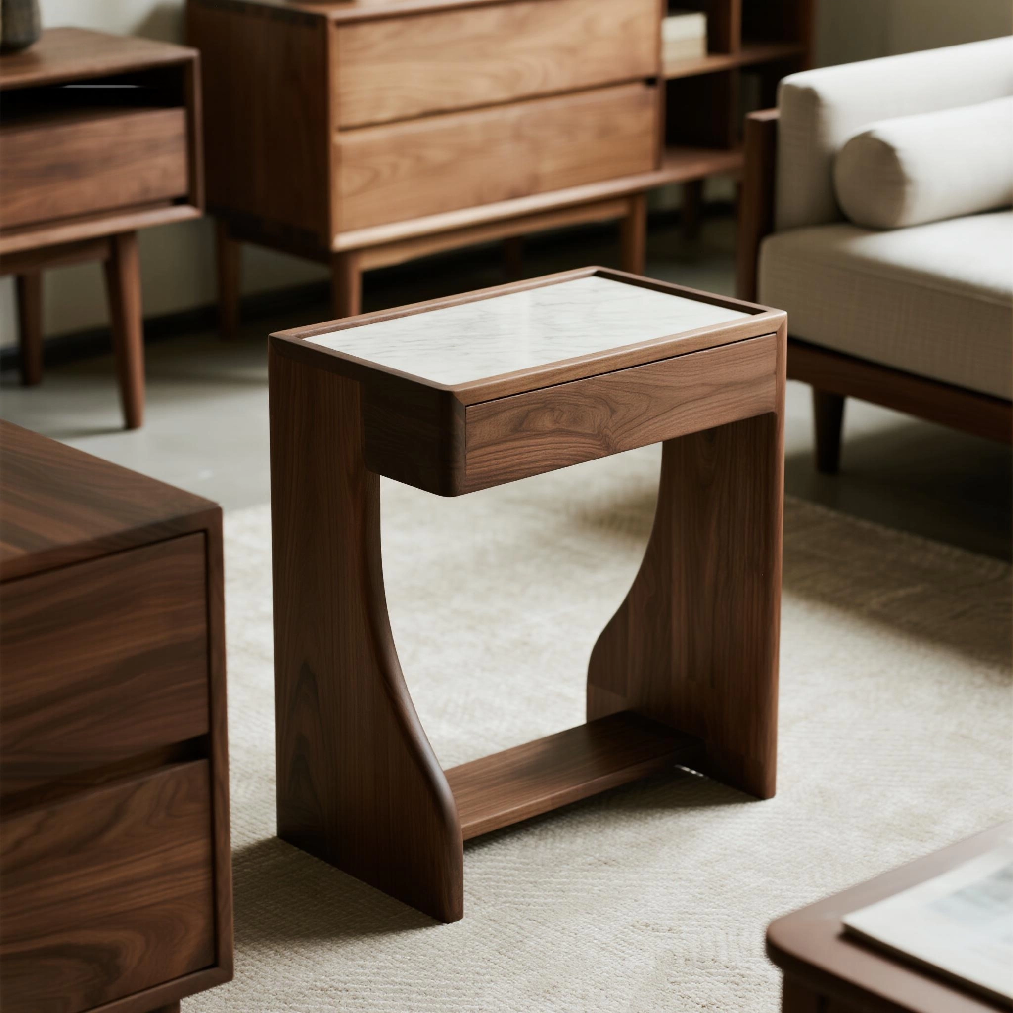 Walnut & Marble-Top Mid-Century Console Table
